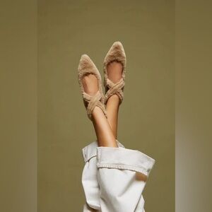 Free People Faux Fur Shearling Parisa Pointed Fuzzy Flats Almond Butter 6.5 NWT